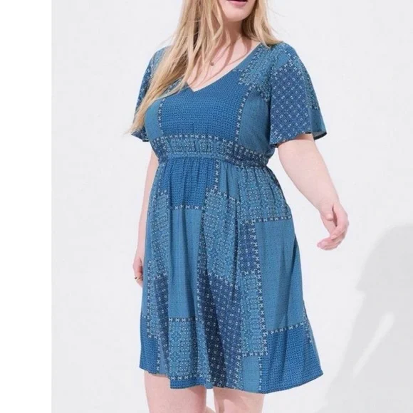 Torrid Blue Patchwork Short Sleeve Pockets Challis Flare Dress Size 1X - Picture 1 of 10